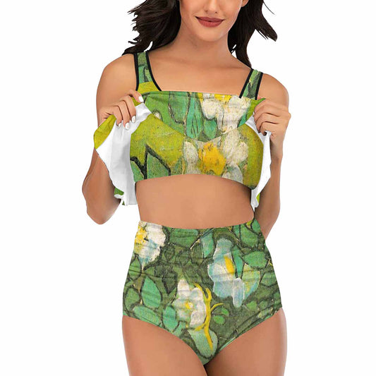 Vintage floral high waisted flounce top bikini, swim wear, Design 01