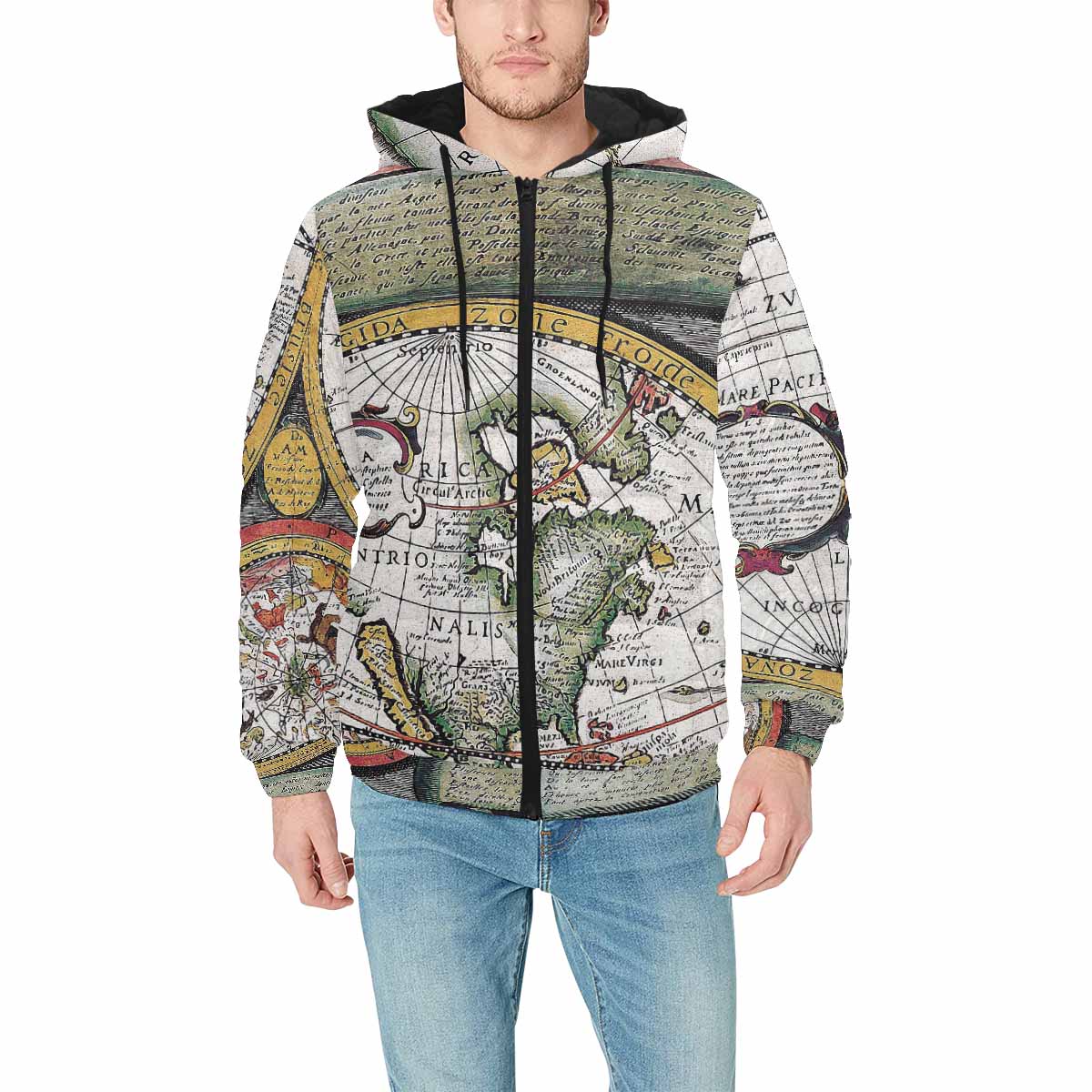 Antique Map design, mens lightweight, warm, quilted hooded bomber jacket, design, 31