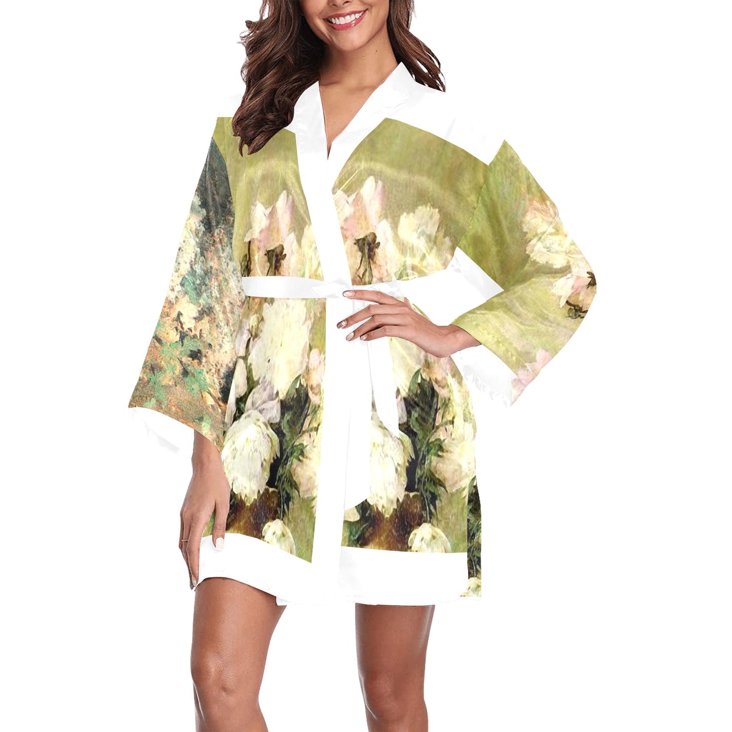 Vintage Floral Kimono Robe, Black or White Trim, Sizes XS to 2XL, Design 34