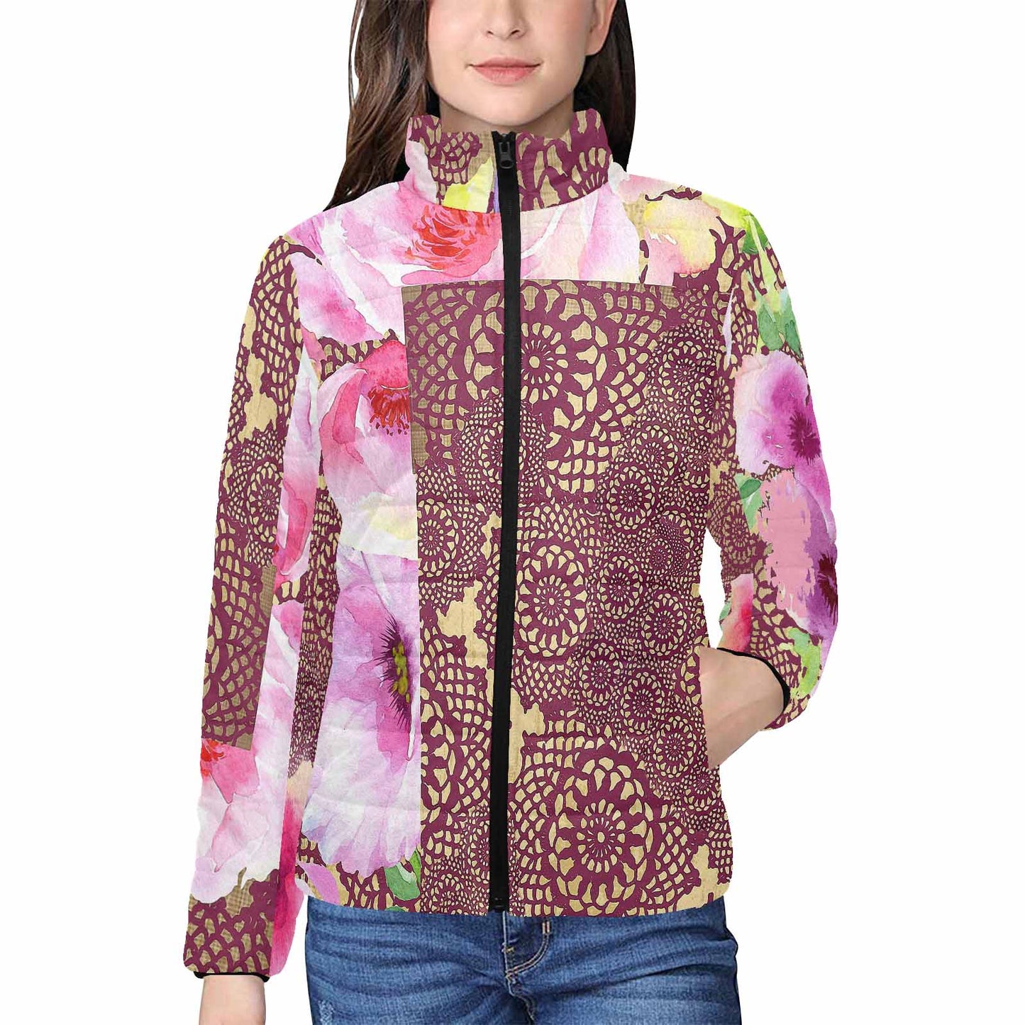 Victorian Lace print womens padded quilted jacket, design 13