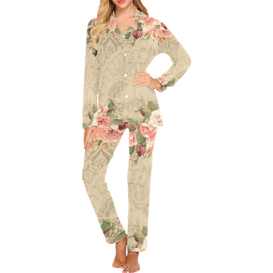 Victorian printed lace pajama set, design 25 Women's Long Pajama Set (Sets 02)