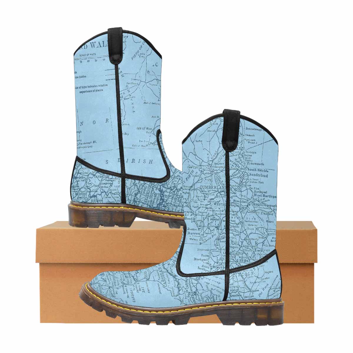 Antique Map design mens western lumber boots, Design 50