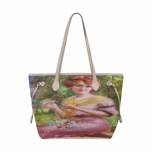 Victorian Lady Design Handbag, Model 1695361, Lady In Pink, BEIGE/TAN TRIM