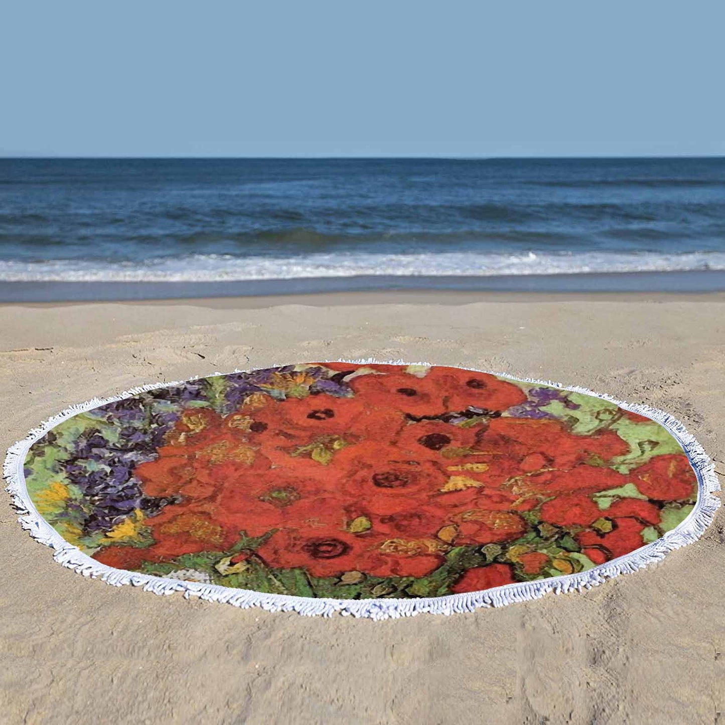 Vintage Floral circular plush beach towel, fringe edges, Design 47