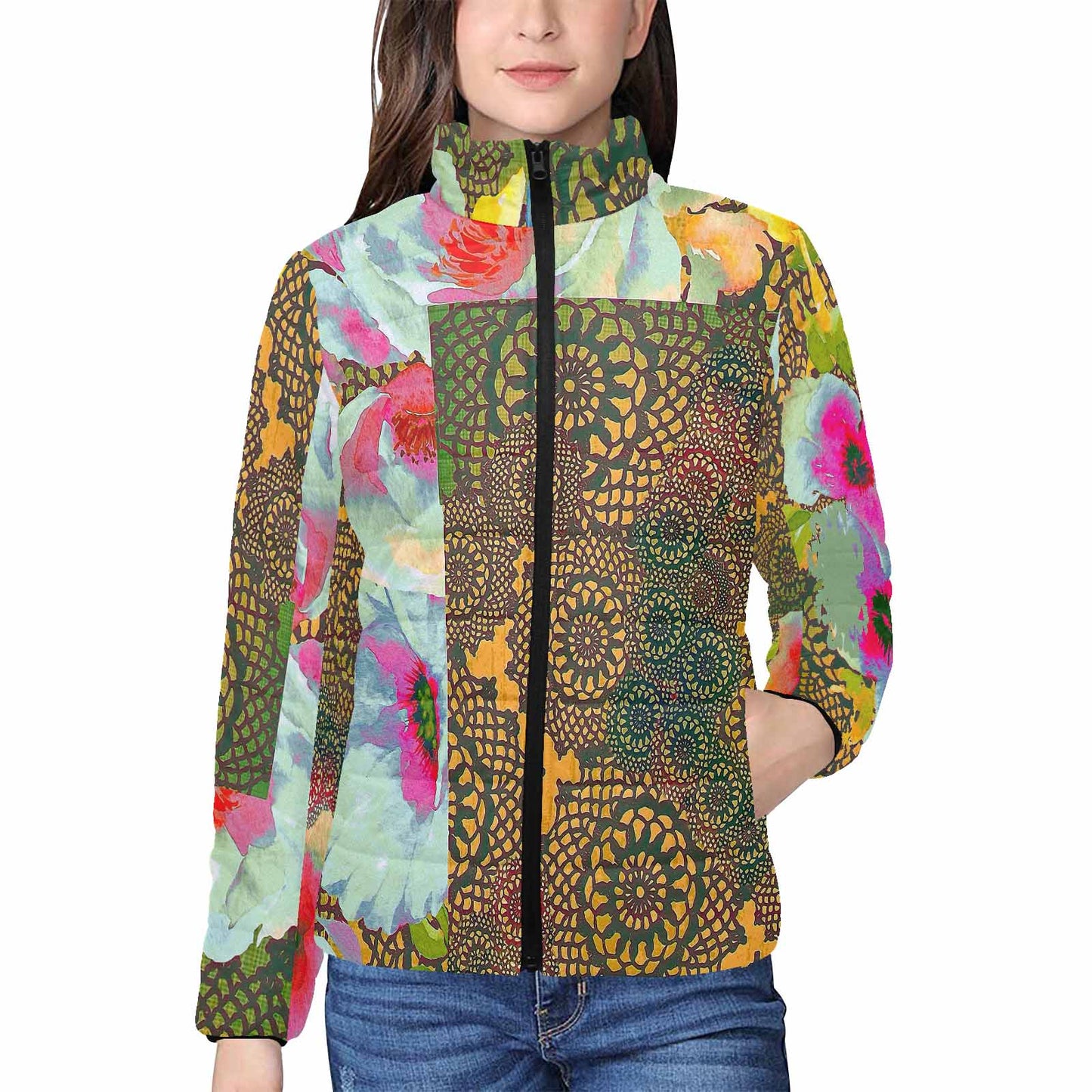 Victorian Lace print womens padded quilted jacket, design 15