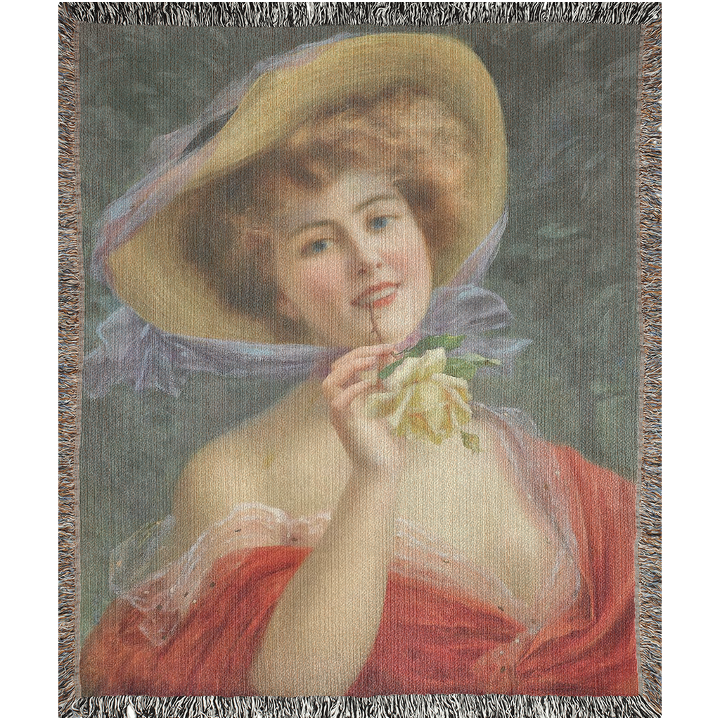 100% cotton Victorian Lady design design woven blanket, 50 x 60 or 60 x 80in, Young Girl with a Rose