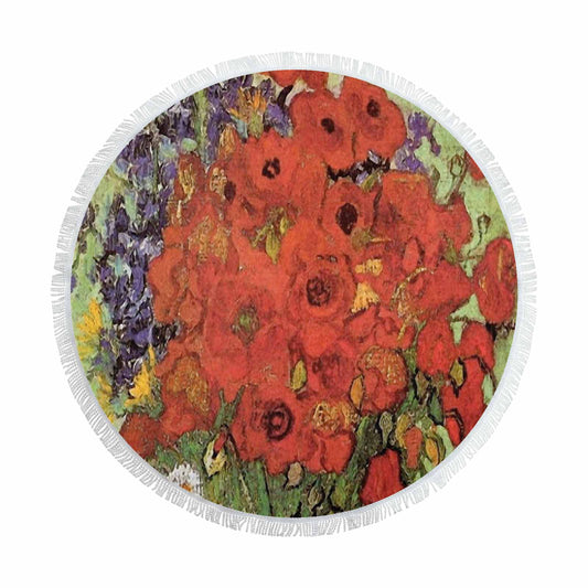 Vintage Floral circular plush beach towel, fringe edges, Design 47