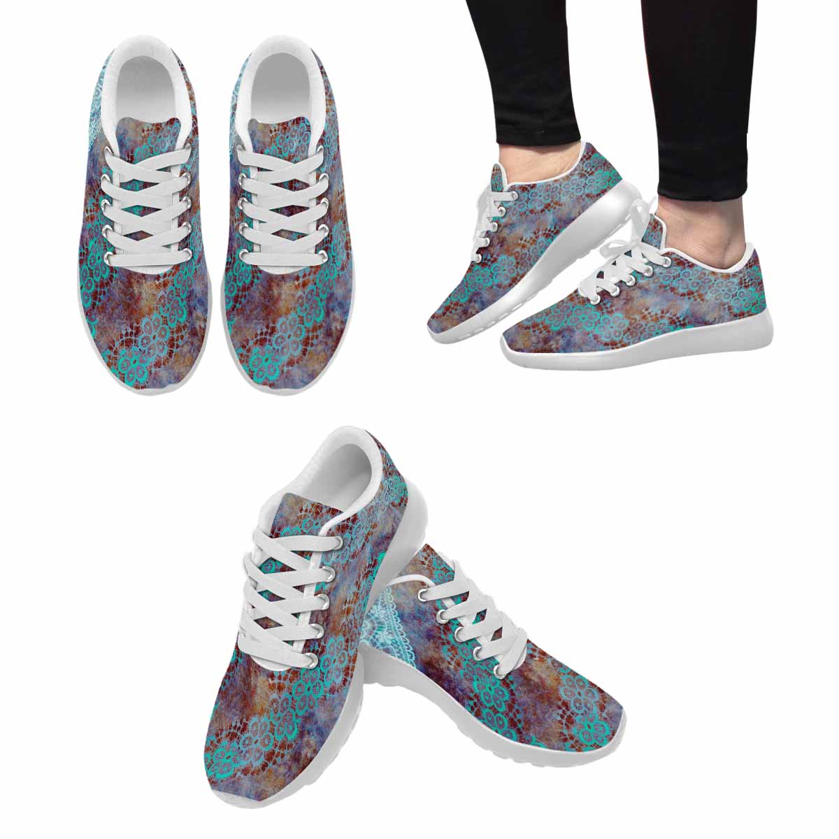 Victorian lace print, womens cute casual or running sneakers, design 37