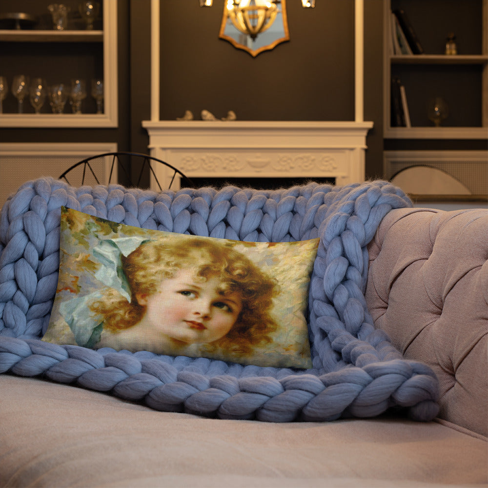 Victorian girl throw pillow 18 x 18, Girl Holding a Nest, Premium pillow