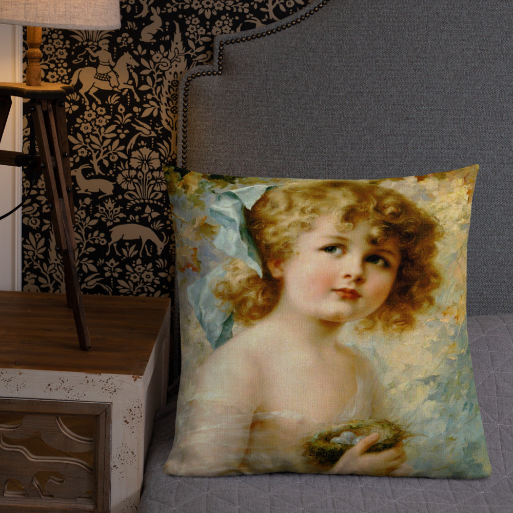Victorian girl throw pillow 18 x 18, Girl Holding a Nest, Premium pillow