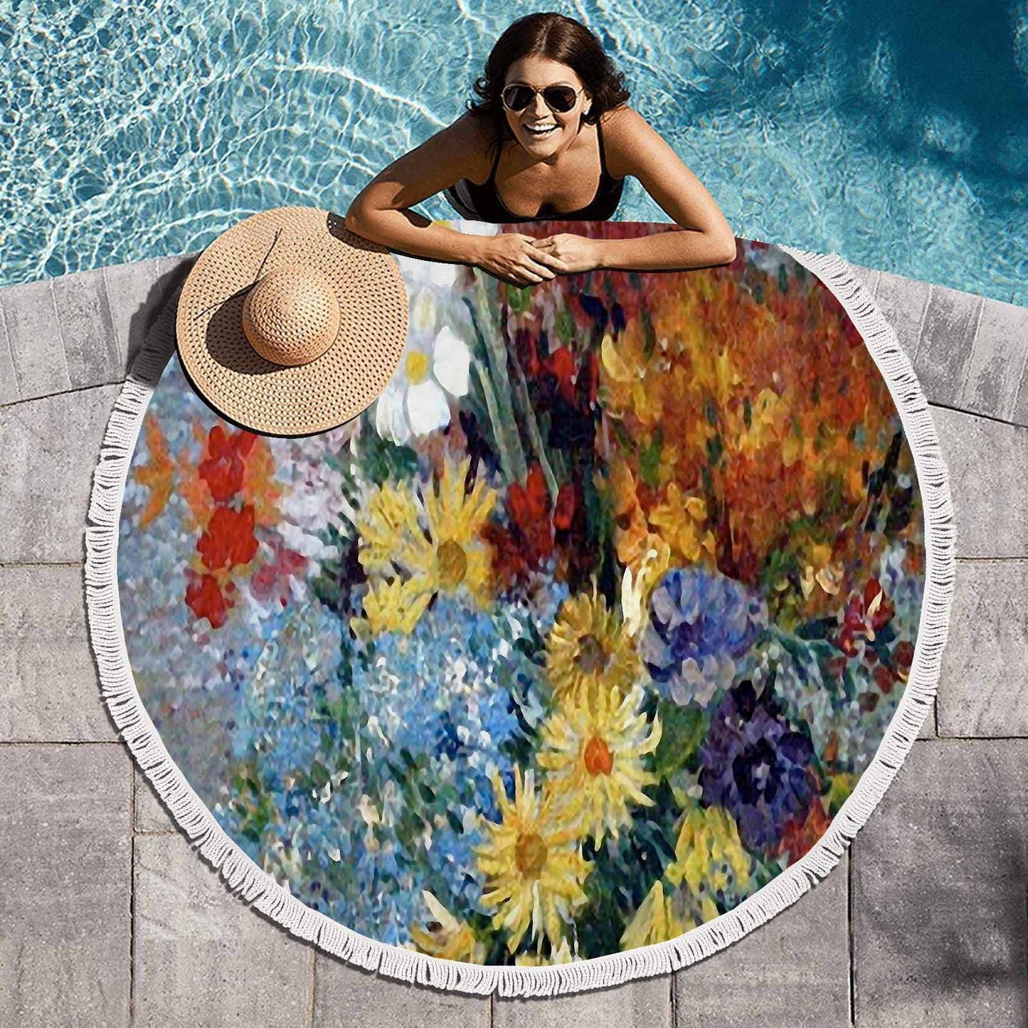 Vintage Floral circular plush beach towel, fringe edges, Design 41