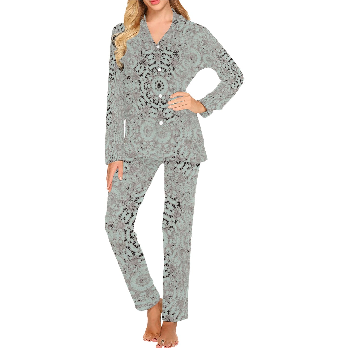 Victorian printed lace pajama set, design 51 Women's Long Pajama Set (Sets 02)
