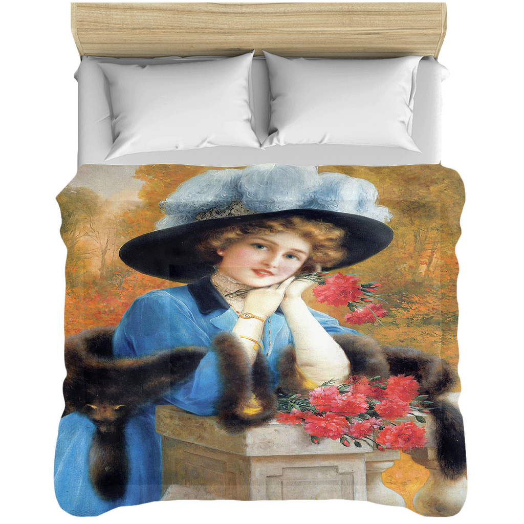 Victorian lady design comforter, twin, twin XL, queen or king, CARNATIONS ARE FOR LOVE