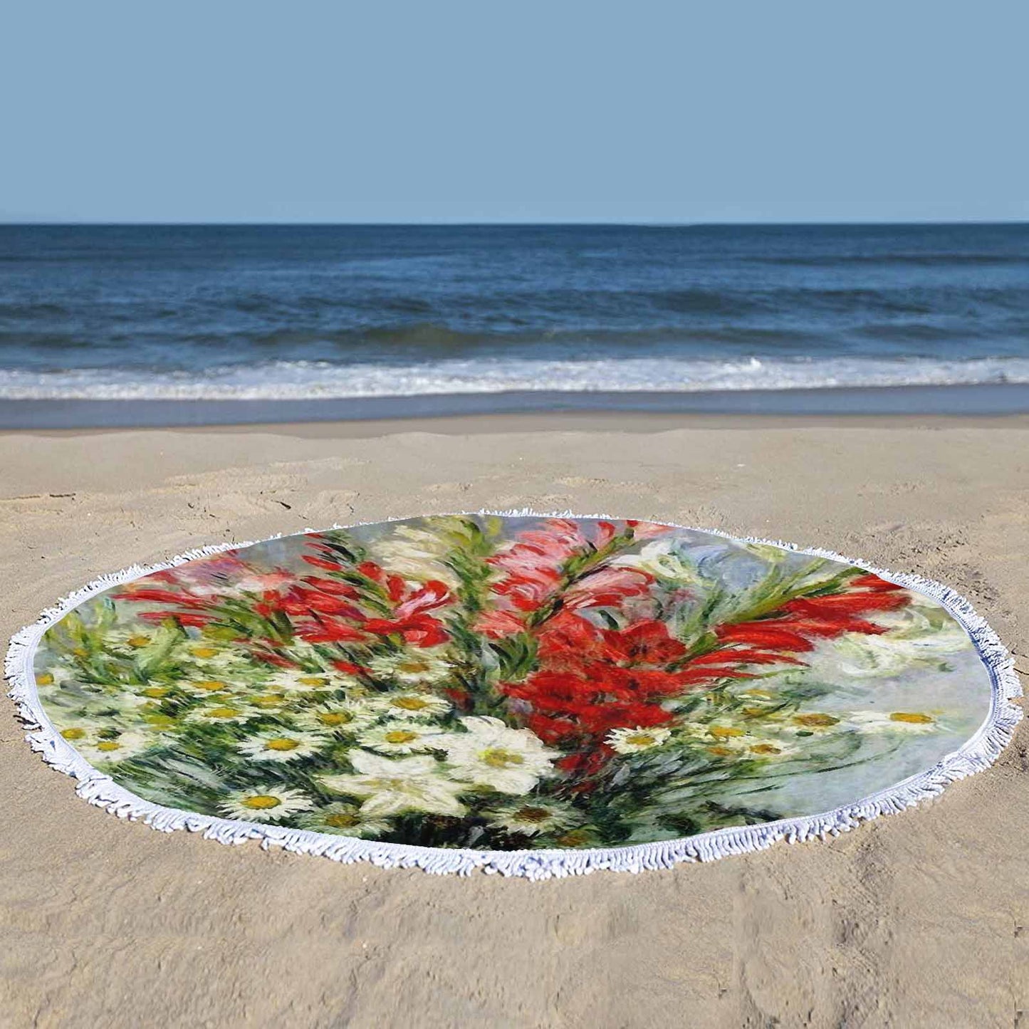 Vintage Floral circular plush beach towel, fringe edges, Design 43
