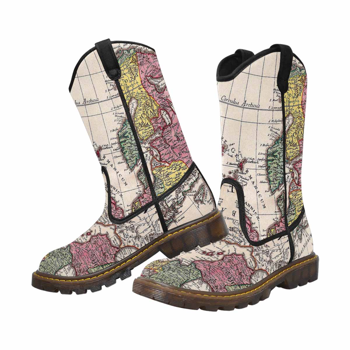 Antique Map design mens western lumber boots, Design 43