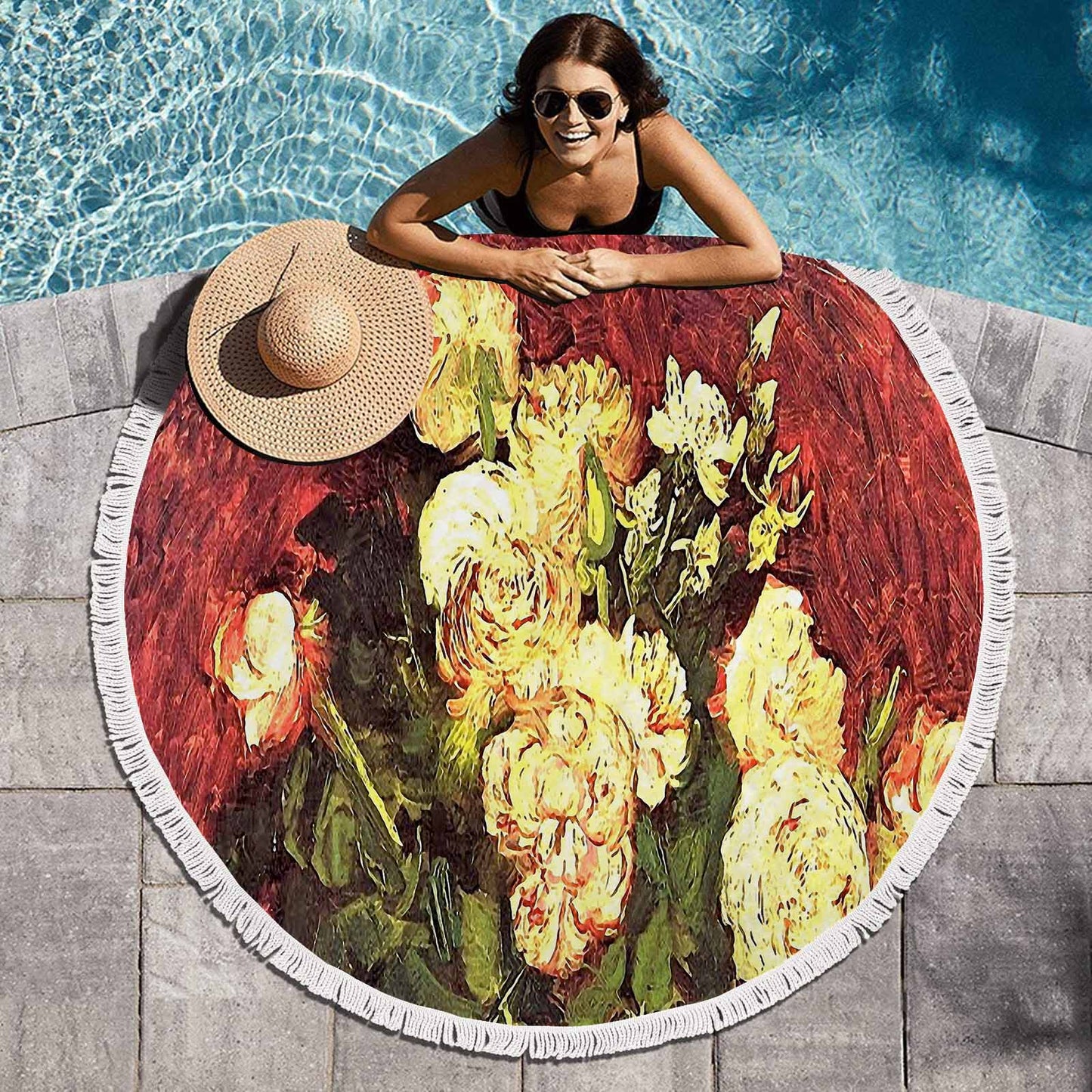 Vintage Floral circular plush beach towel, fringe edges, Design 27