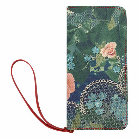 Victorian lace print womens wallet, clutch purse, red trim, design 01