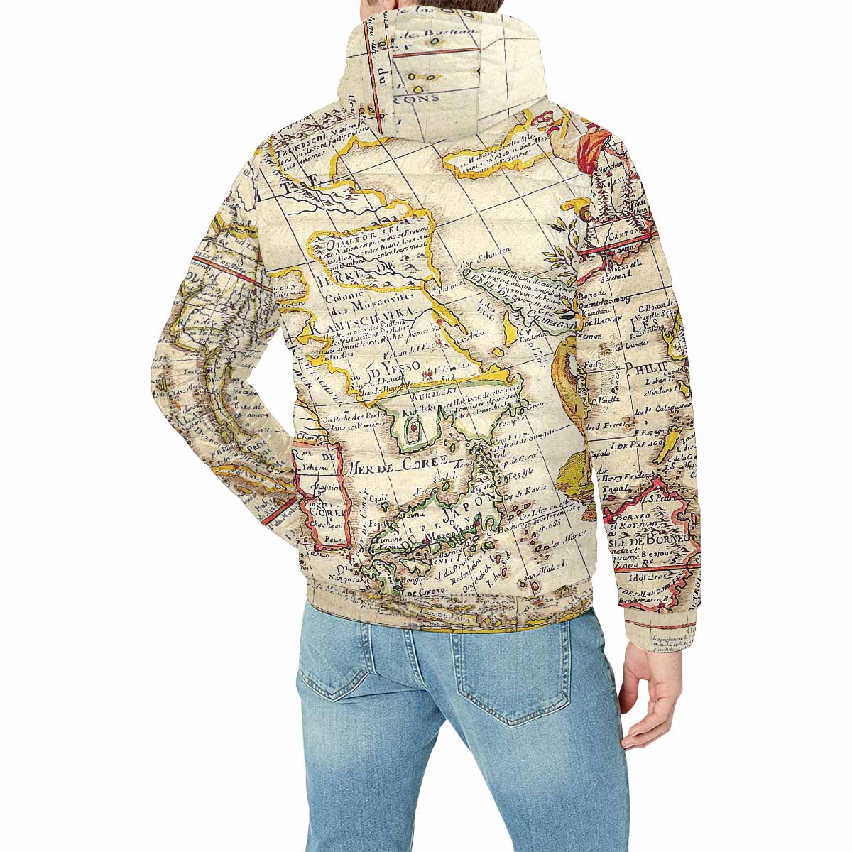 Antique Map design, mens lightweight, warm, quilted hooded bomber jacket, design, 10