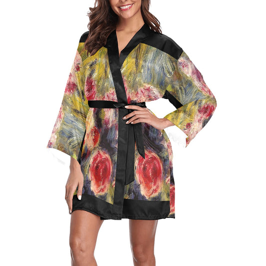 Vintage Floral Kimono Robe, Black or White Trim, Sizes XS to 2XL, Design 26