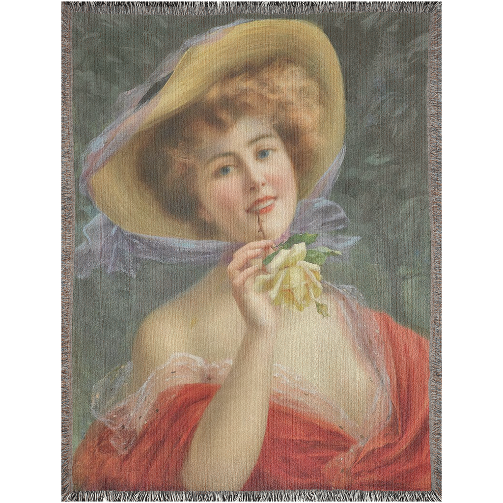 100% cotton Victorian Lady design design woven blanket, 50 x 60 or 60 x 80in, Young Girl with a Rose