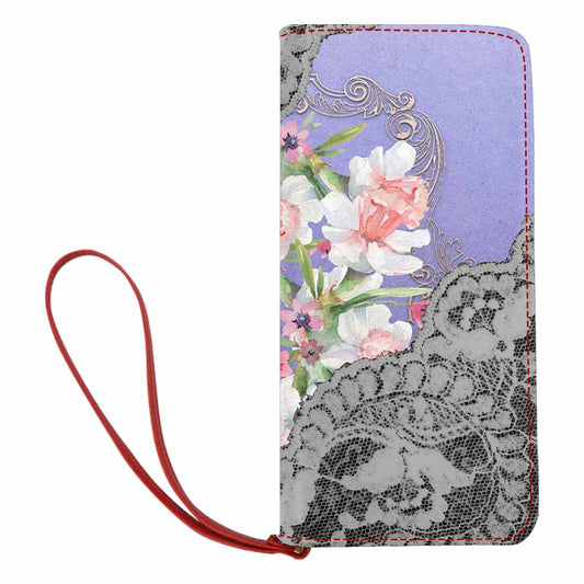 Victorian lace print womens wallet, clutch purse, red trim, design 45