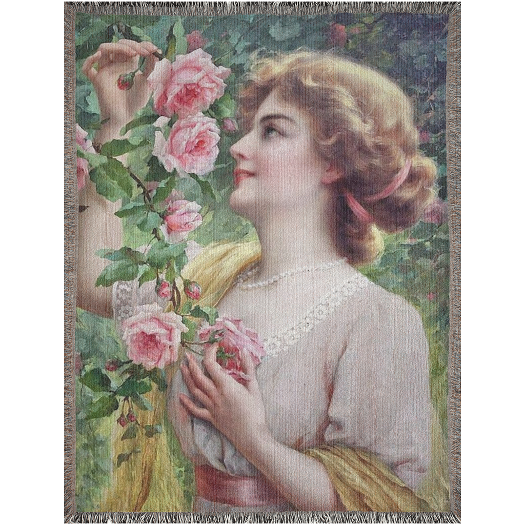 100% cotton Victorian Lady design design woven blanket, 50 x 60 or 60 x 80in, lady picking pink rose