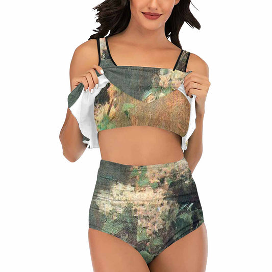Vintage floral high waisted flounce top bikini, swim wear, Design 34