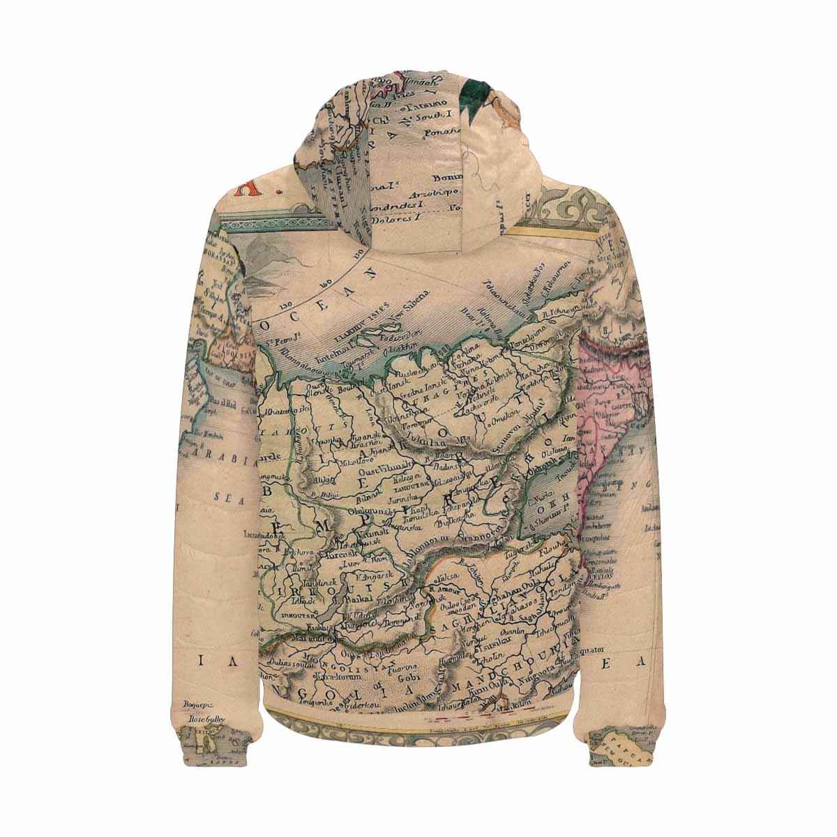 Antique Map design, mens lightweight, warm, quilted hooded bomber jacket, design, 37