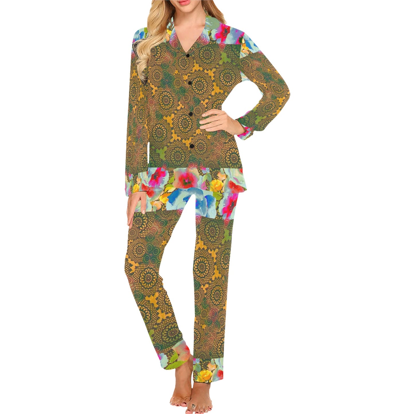 Victorian printed lace pajama set, design 15 Women's Long Pajama Set (Sets 02)