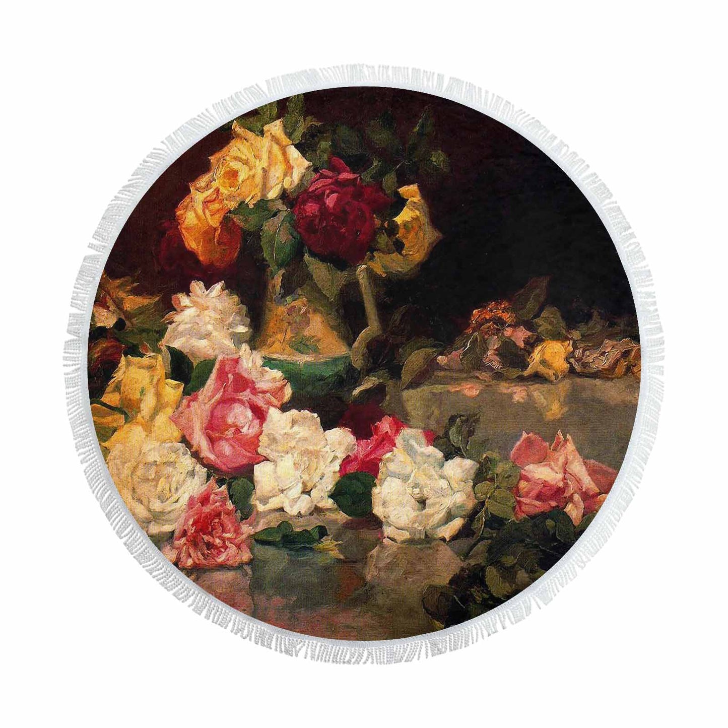 Vintage Floral circular plush beach towel, fringe edges, Design 37