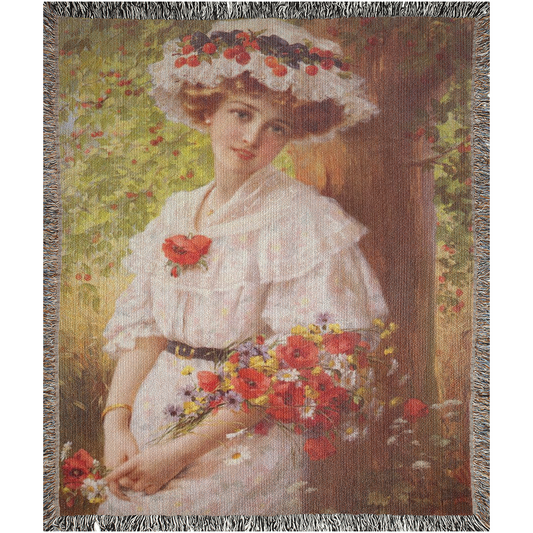 100% cotton Victorian Lady design design woven blanket, 50 x 60 or 60 x 80in, Under the Cherry Tree