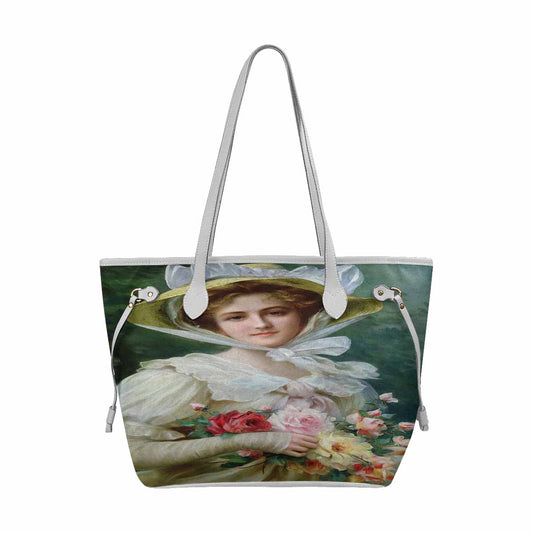 Victorian Lady Design Handbag, Model 1695361, Elegant Lady With A Bouquet of Roses 1, WHITE TRIM