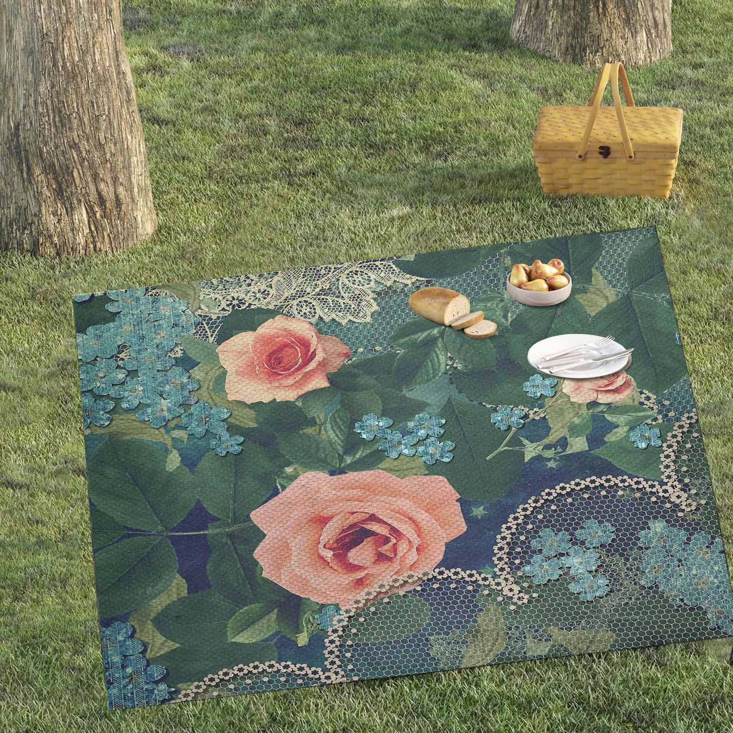 Victorian lace print waterproof picnic mat, 69 x 55in, design 01