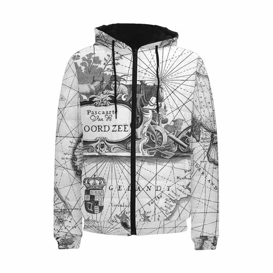 Antique Map design, mens lightweight, warm, quilted hooded bomber jacket, design, 5