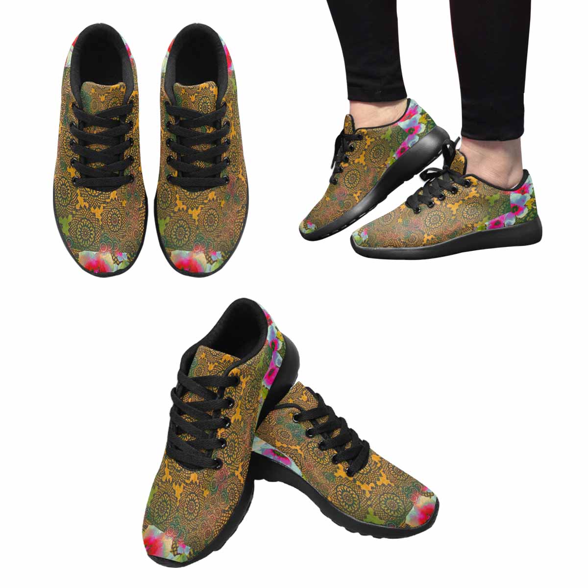 Victorian lace print, womens cute casual or running sneakers, design 15