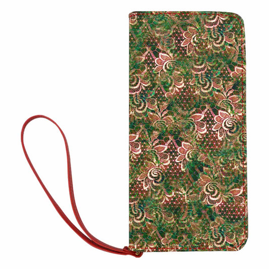 Victorian lace print womens wallet, clutch purse, red trim, design 34