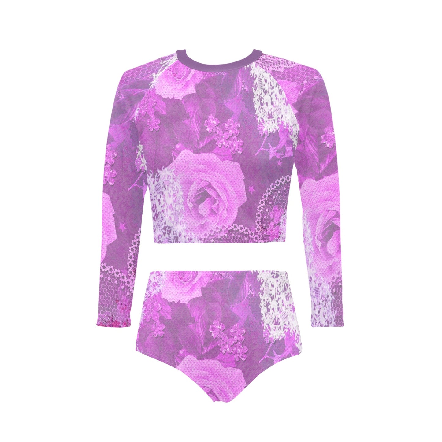 Victorian printed lace, long sleeve 2pc swimsuit, beachwear, design 03 Long Sleeve Bikini Set (Model S27)