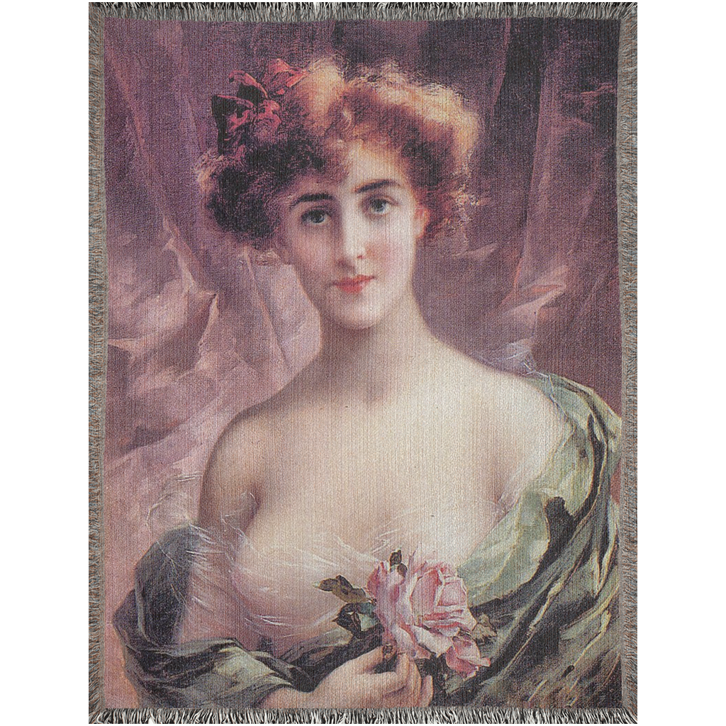 100% cotton Victorian Lady design design woven blanket, 50 x 60 or 60 x 80in, The Pink Rose