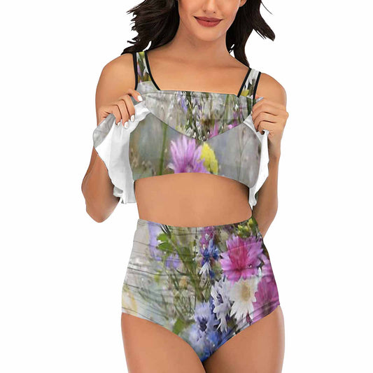 Vintage floral high waisted flounce top bikini, swim wear, Design 02
