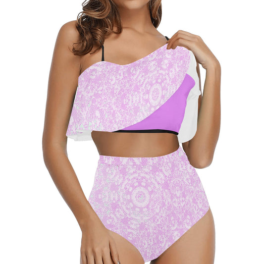 Flounce & Ruffle Bikini swimwear, Printed Victorian lace, Design 09 High Waisted Ruffle Bikini Set-A/B (Model SO3)