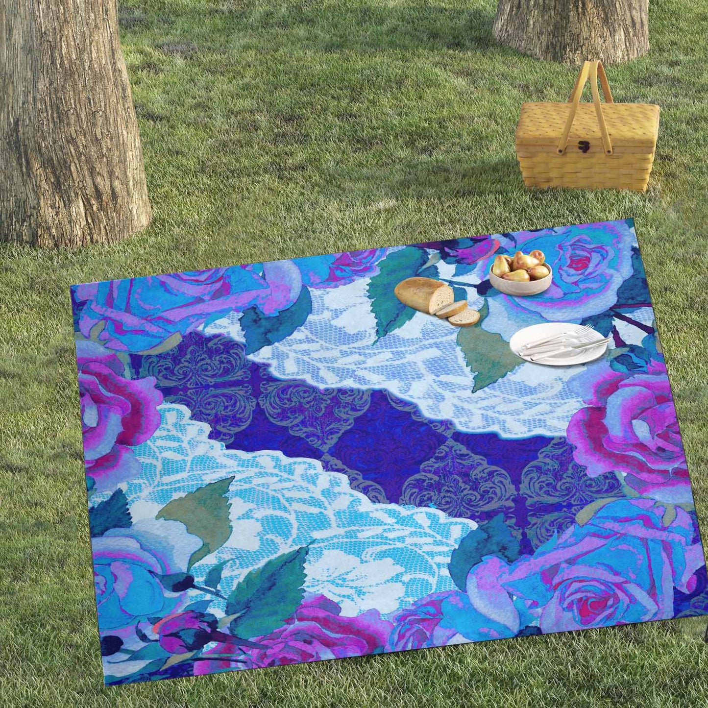 Victorian lace print waterproof picnic mat, 69 x 55in, design 20