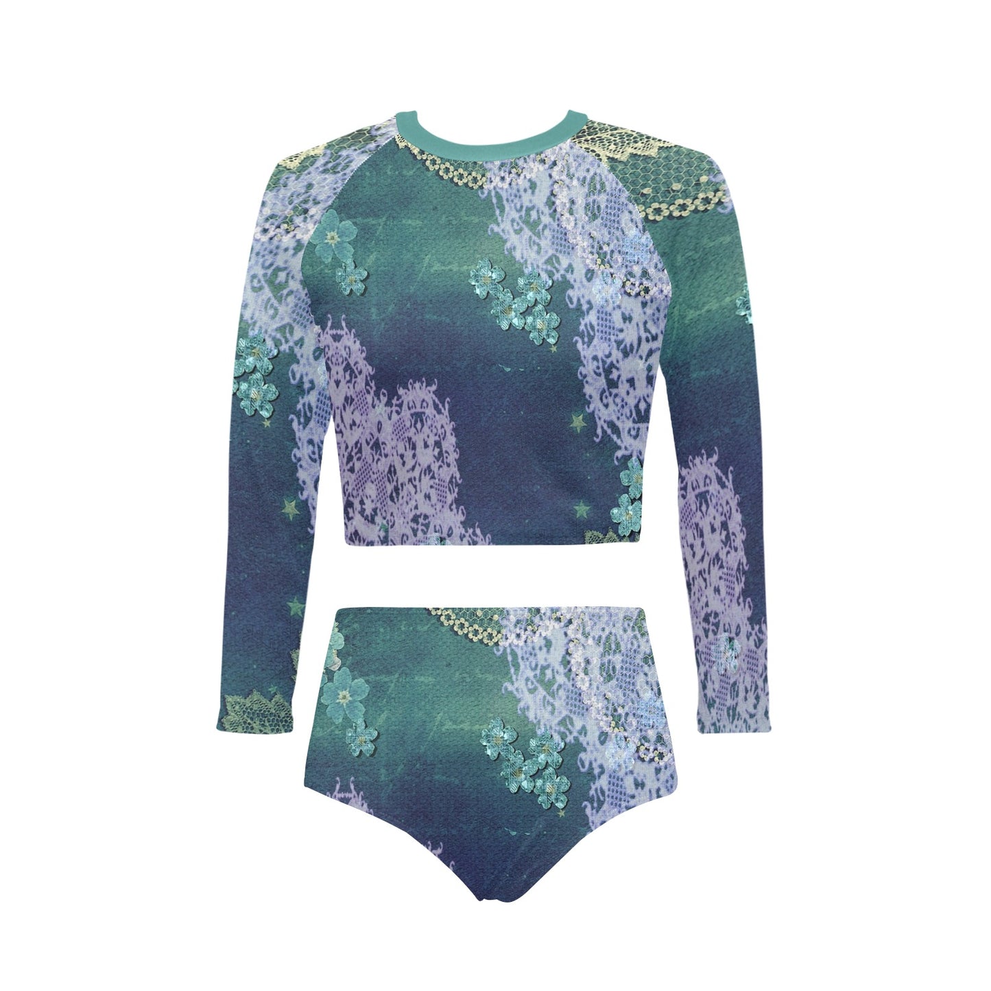 Victorian printed lace, long sleeve 2pc swimsuit, beachwear, design 05 Long Sleeve Bikini Set (Model S27)