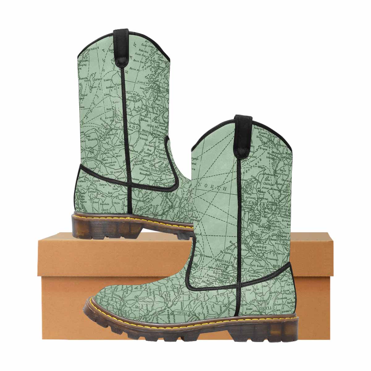 Antique Map design mens western lumber boots, Design 52