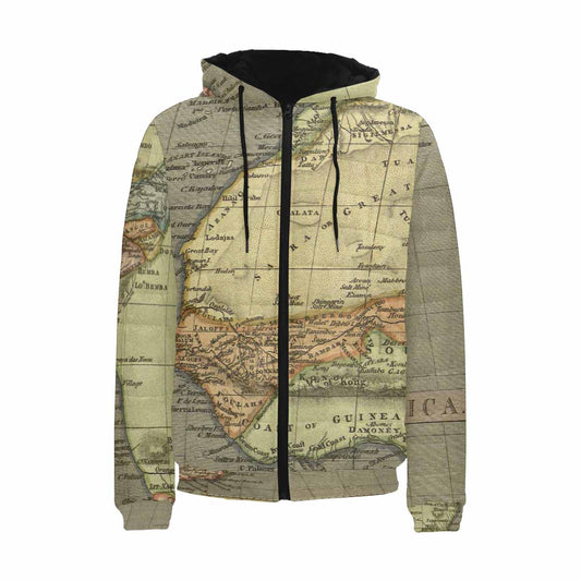 Antique Map design, mens lightweight, warm, quilted hooded bomber jacket, design, 4