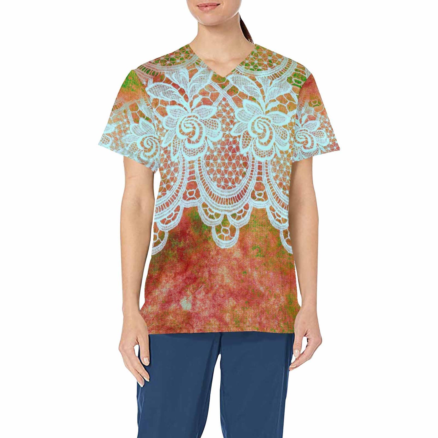 Victorian lace print professional scrubs, nurses scrub, unisex, design 31