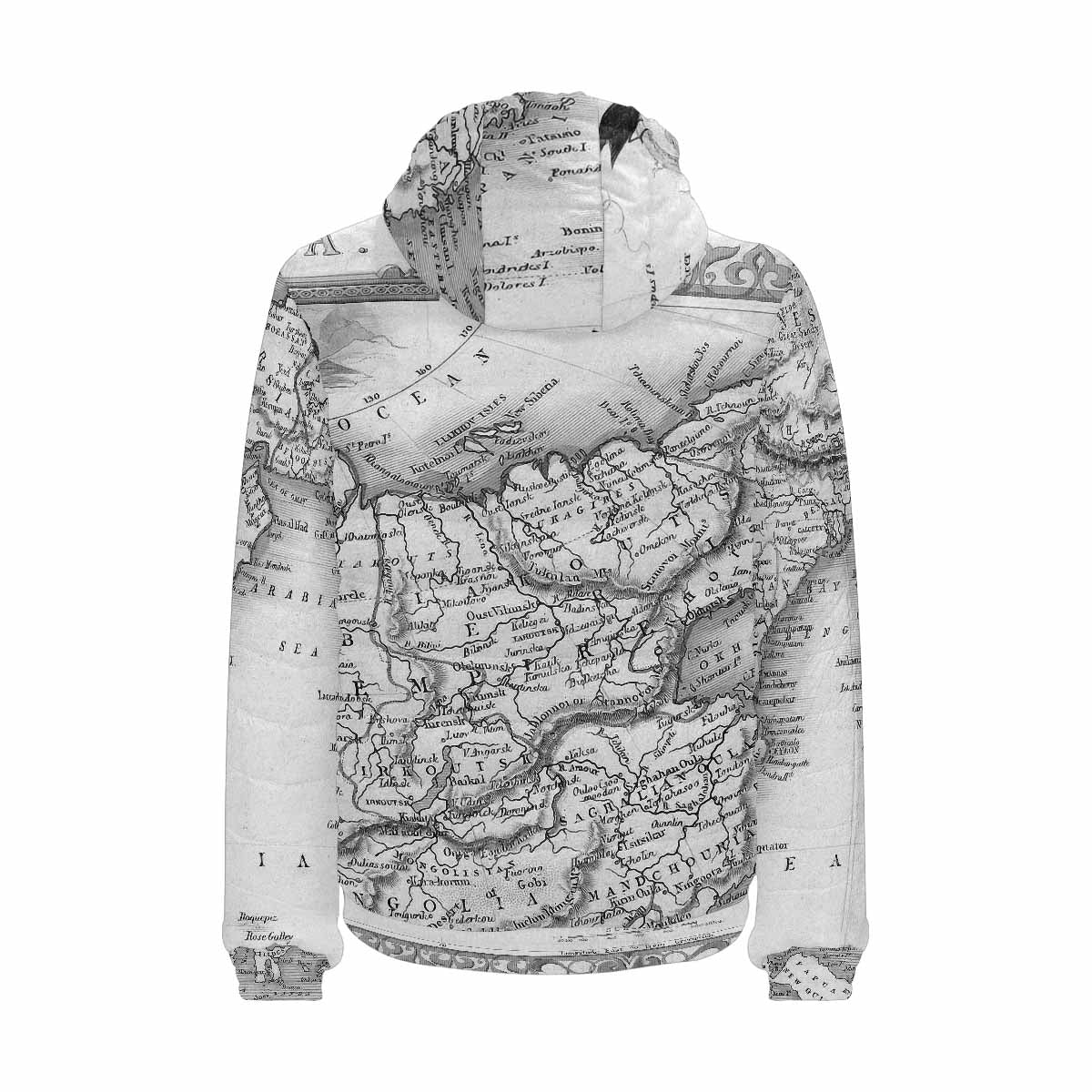 Antique Map design, mens lightweight, warm, quilted hooded bomber jacket, design, 35