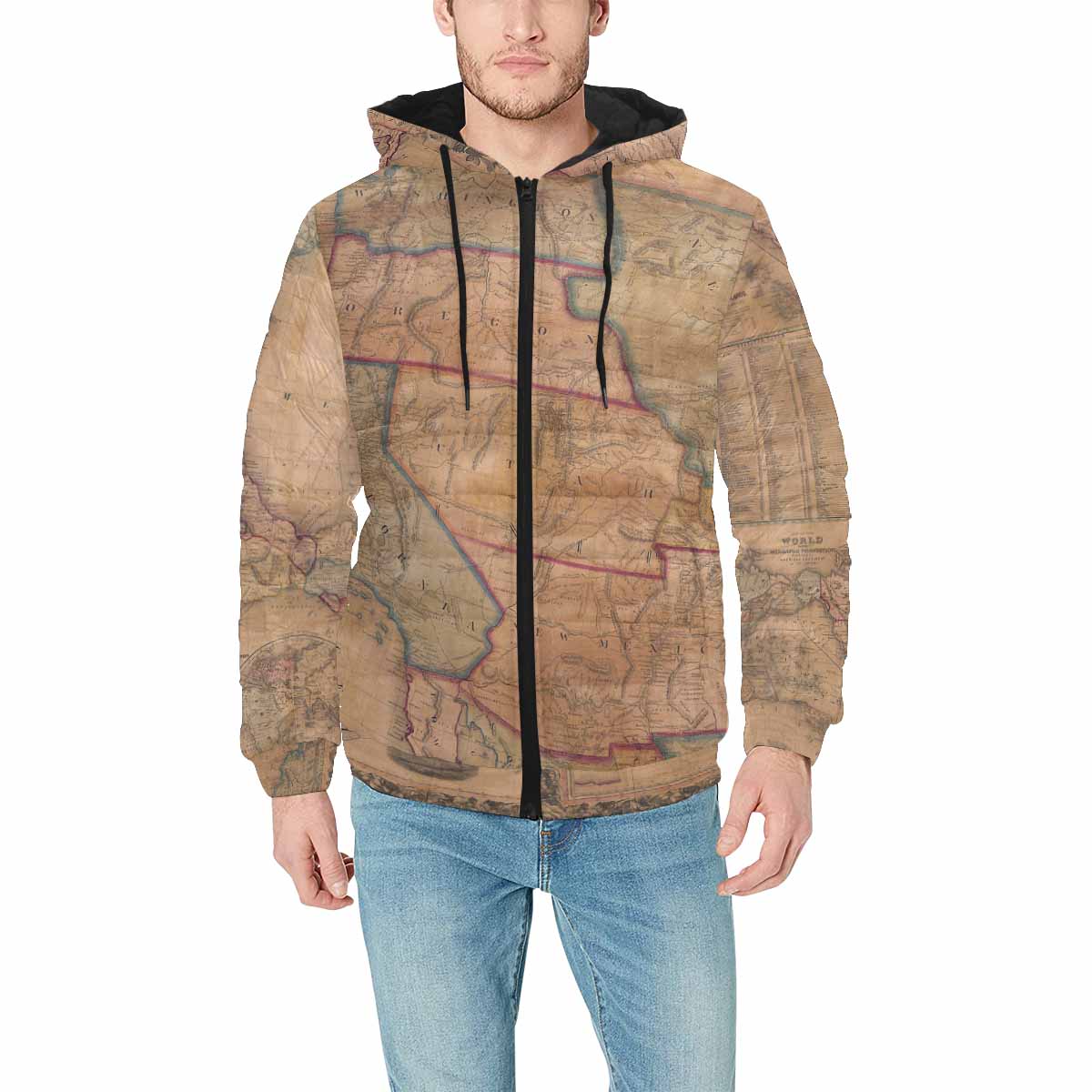 Antique Map design, mens lightweight, warm, quilted hooded bomber jacket, design, 28