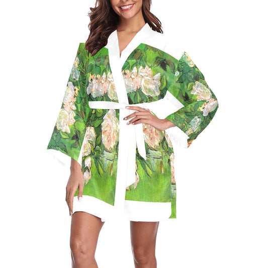 Vintage Floral Kimono Robe, Black or White Trim, Sizes XS to 2XL, Design 06