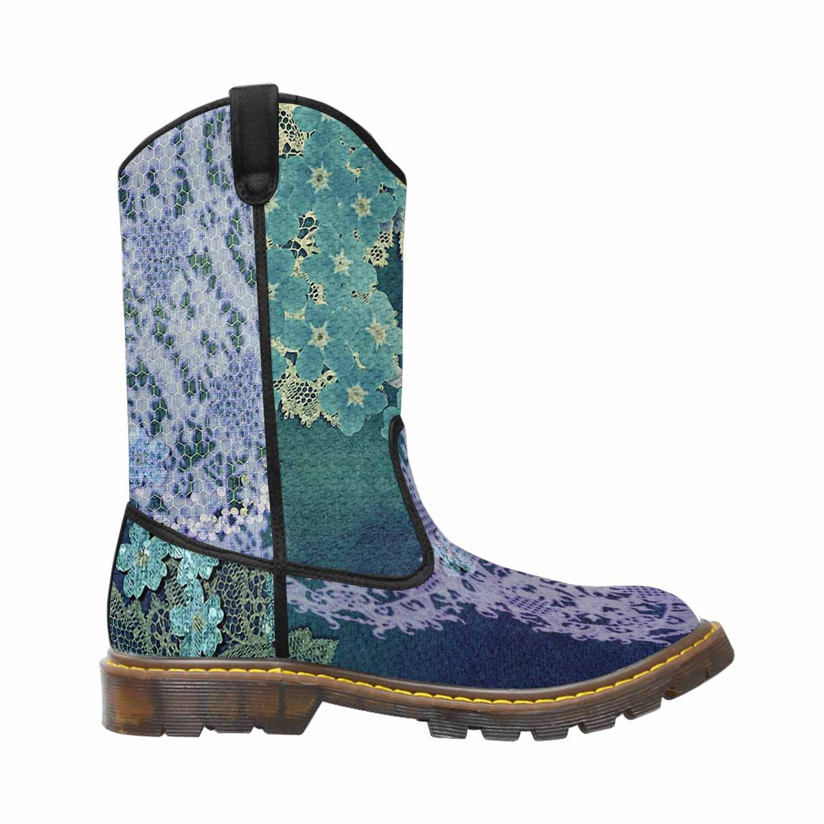 Victorian lace print, western lumber boots, design 05