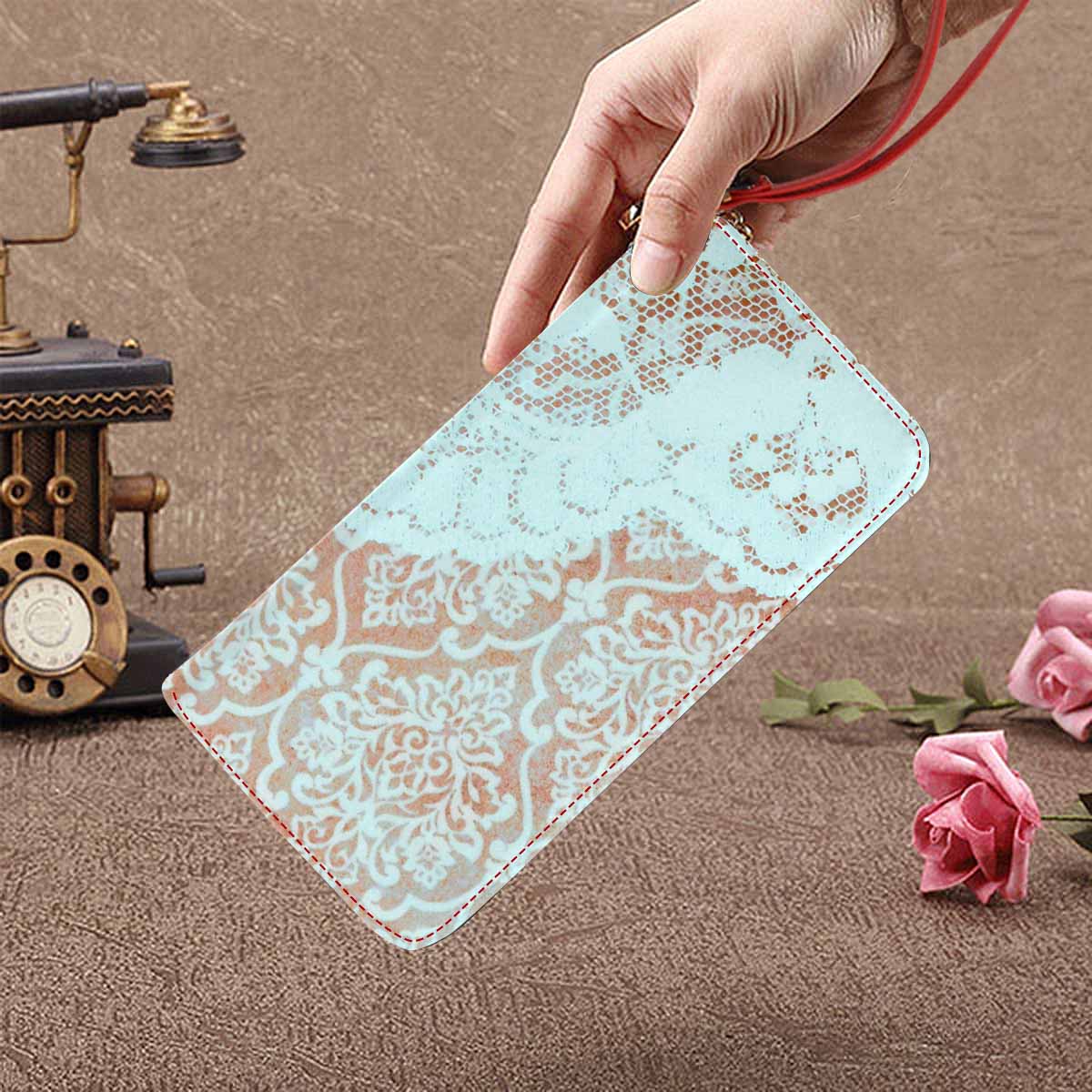 Victorian lace print womens wallet, clutch purse, red trim, design 23